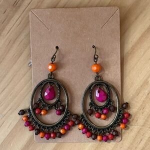 Boho Pink and Orange Beaded Dangle Hoop Earrings